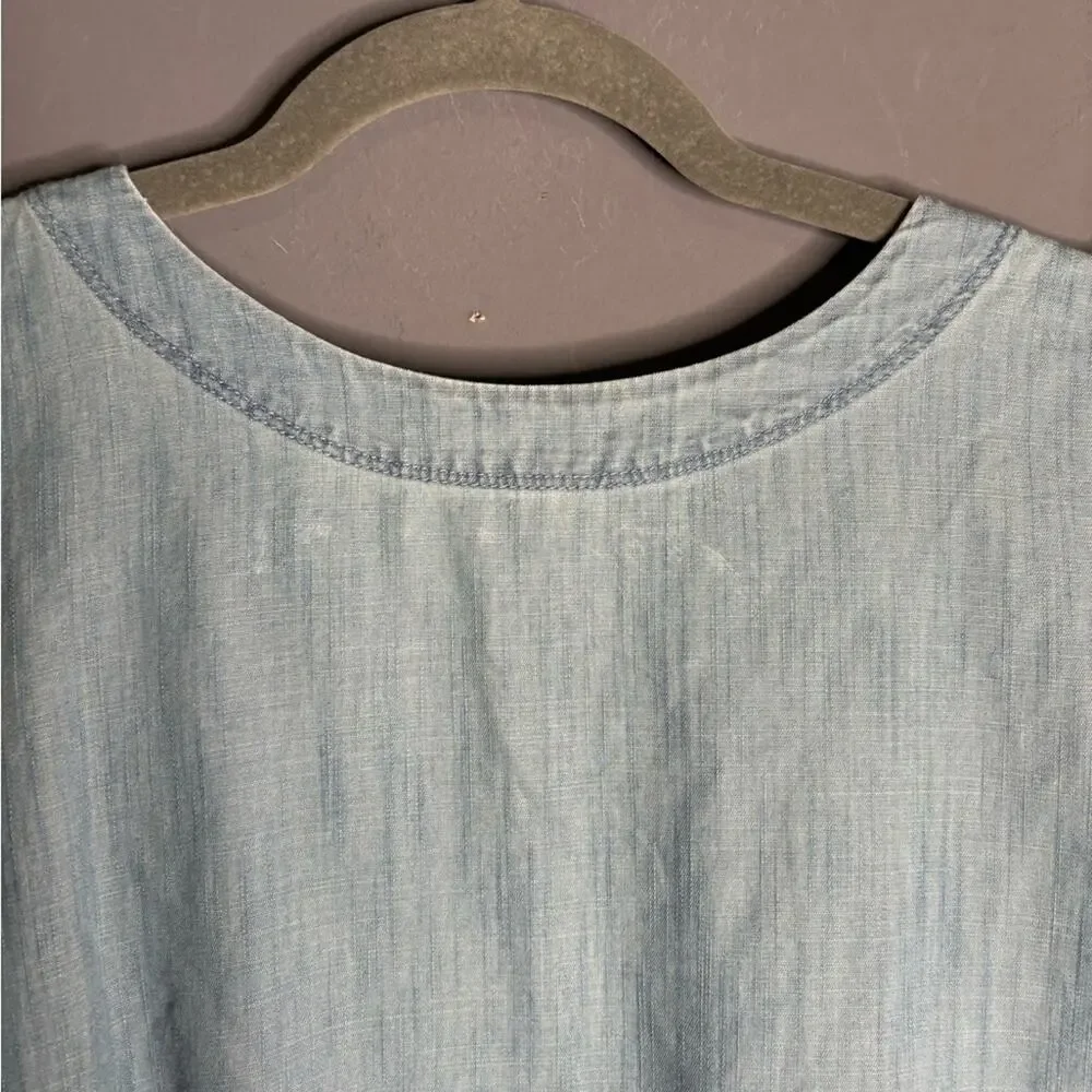 LOFT Short Puff Sleeve Denim Shirt High Round Neck Small Petite
